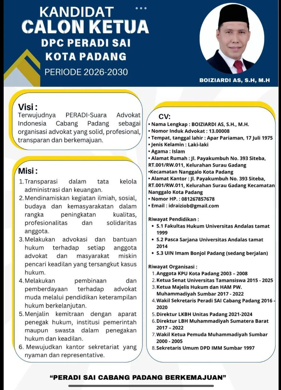 Boyziardi, S.H., M.H. Usung Transparansi dan Keterbukaan Informasi Jika Dipercaya Pimpin DPC PERADI SAI Padang